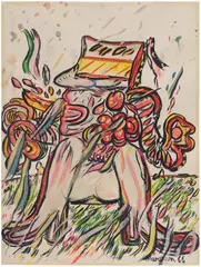Pat Hanly, Figure on Grassy Background, 1966, Unique watercolor and ink drawing in colors, on wove paper