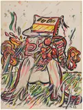 Pat Hanly, Figure on Grassy Background, 1966, Unique watercolor and ink drawing in colors, on wove paper