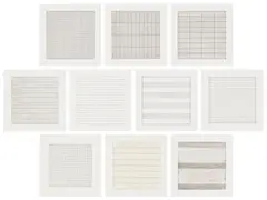 Agnes Martin, Paintings and Drawings 1974-1990, 1991, The complete set of 10 lithographs in colors, on firm transparency paper, with full margins, with text, the sheets loose (as issued), contained in the original gray card portfolio with printed uppers