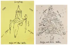 Happy Happy Everything; and a Joyous New Year (see F. & S. IV.86) by Andy Warhol, circa 1956 & 1957, Two offset lithographs, on yellow and wove paper, the full sheets, both unframed, sold Jun 2026