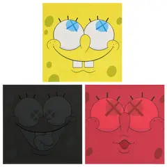 Kaws, Untitled (KAWSBOB for the Aldrich); KAWSBOB (Black); and KAWSBOB (Red), 2011, Three screenprints in colors, on Rives BFK paper, the full sheets