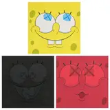 Kaws, Untitled (KAWSBOB for the Aldrich); KAWSBOB (Black); and KAWSBOB (Red), 2011, Three screenprints in colors, on Rives BFK paper, the full sheets