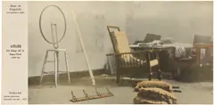 Marcel Duchamp, Marcel Duchamp's Studio, 33 West 67th Street, New York (1917-18), 1940, Photograph with pochoir in colors, on wove paper adhered to cardboard, possibly a proof of an image made for Duchamp's Boîte-en-valise , framed
