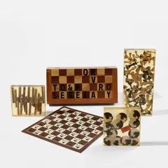 Arman, Hommage à Duchamp: To and for Rose Selavy, 1973, The complete set of one screenprinted leather chessboard and three accumulations of chess pieces, cigars and photo disks embedded in resin, all contained in the original inlaid wood box with screenprinted title and lock and key closure