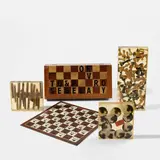 Arman, Hommage à Duchamp: To and for Rose Selavy, 1973, The complete set of one screenprinted leather chessboard and three accumulations of chess pieces, cigars and photo disks embedded in resin, all contained in the original inlaid wood box with screenprinted title and lock and key closure