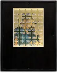 Marcel Duchamp (light box) by Sarah G. Austin, 1970, Photographic reproductions in colors and wooden chess pieces behind multi-lens filters, with electric wiring and light b, sold Apr 2026