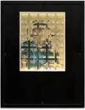 Sarah G. Austin, Marcel Duchamp (light box), 1970, Photographic reproductions in colors and wooden chess pieces behind multi-lens filters, with electric wiring and light bulb, all contained in a black-painted wooden box frame with Plexiglas