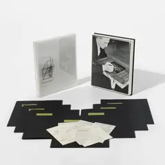 Marcel Duchamp, A l’infinitif (In the Infinitive) (The White Box) (S. 637), 1966, The set comprising one screenprint in black and olive on vinyl mounted to Plexiglas (as issued) with 78 facsimile notes, contained in seven black paper folders, facsimiles contained in original linen-covered portfolio with printed title on the front, lacking one facsimile note