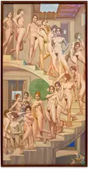 Hananiah Harari, Nudes Descending a Staircase, circa 1960-1970, Unique oil painting, on canvas
