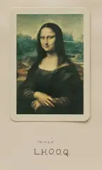 Marcel Duchamp, L.H.O.O.Q. rasée (shaved) (S. 615), 1965, Readymade photographic reproduction in colors of the Mona Lisa (playing card), mounted to wove paper (as issued), will full margins