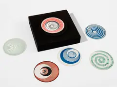 Marcel Duchamp, Rotoreliefs (Optical Disks) (S. 441d), 1935/1965, The complete multiple comprised of 12 offset lithographs in colors, printed on both sides of six round cardboard disks (to be viewed as they rotate 33 1/3 revolutions per minute), with the black plastic circular disc holder and black velvet-covered motorized wall-hanging unit with original motor and wiring, with metal and magnet revolving platform and two black velvet-covered viewers in different widths