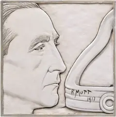 Jonathan Santlofer, Portrait of Richard Mutt, 1996, Unique oil painting, on carved Hydrocal, contained within the original painted wood frame