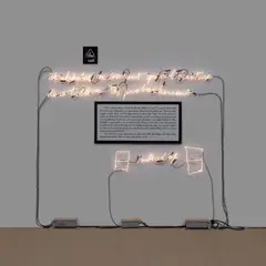 Joseph Kosuth, Small Explanations (That Refer and Construct), 2017, Unique warm white neon mounted directly on the wall, with two mounted and framed photographs, with transformers