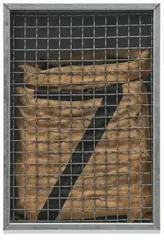 Yannis Kounellis, Untitled (Sack with Z), 2001, Multiple comprised of steel, glass, burlap sack and coal