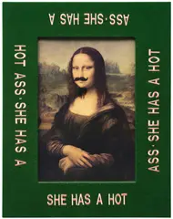 Rob Wynne, She Has a Hot Ass, 1997, Unique photographic reproduction with facial props (mustache and goatee), contained in the original felt ground lined frame with sewn letters