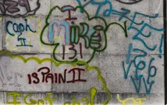 Gordon Matta-Clark, Graffiti: Mike (Photoglyph), 1973, Gelatin silver print diptych with applied paint
