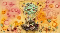 Joan Snyder, All the way, 2003, oil, acrylic, herbs, seeds, wooden balls and cloth on wood panel
