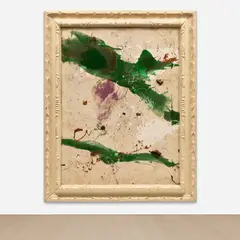 Julian Schnabel, Mi Vida es una Cumbre de Mentiras (Green Resin Picture), 1994, oil, resin, gesso and leather on canvas, in artist's frame