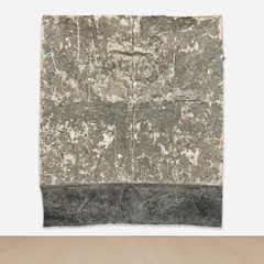 Oscar Murillo, Untitled, 2013, oil, graphite, dust, thread, found paper and plastic collage on canvas