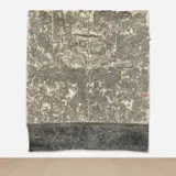 Oscar Murillo, Untitled, 2013, oil, graphite, dust, thread, found paper and plastic collage on canvas