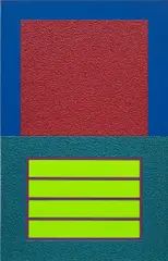Peter Halley, Red Cell over Blue-Green Prison, 2009, acrylic, fluorescent, pearlescent acrylic and Roll-a-Tex on canvas