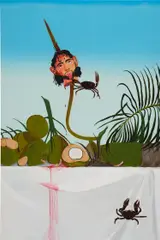 Bony Ramirez, En El Mismo Trayecto Del Sol, 2022, acrylic, color pencil, soft oil pastel and Bristol paper on wood panel