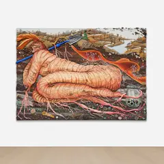 Kate Klingbeil, Digging Myself Out of A Hole, 2021, acrylic, pigment, flashe, pumice, sand, crushed garnet, mica, cast brass, ceramic, bones, beach glass, shells, rocks from Lake Michigan and Lake Charlevoix, and oil stick on canvas
