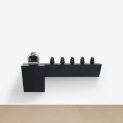 Haim Steinbach, five 1, 2007, plastic laminated wood shelf, plastic motorcycle helmet and 5 dog chews