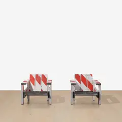 Tom Sachs, Two works (i-ii): Crate Chair, 2015, ConEd Barrier and steel hardware