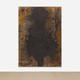 Rashid Johnson, Jones, 2013, burned red oak flooring, black soap, wax, vinyl, shea butter, book and space rock, in artist's frame