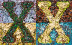 Vaughn Spann, Double Marked Men, 2022, polymer paint and mixed media on wood panel, in 2 parts