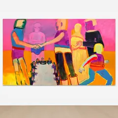 Katherine Bradford, Hand Shake, 2019, acrylic on canvas, in 2 parts