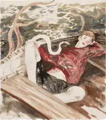 Hernan Bas, Laying Back, A Little Moby Dick in the Net, 2003, water-based oil on paper