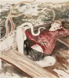 Hernan Bas, Laying Back, A Little Moby Dick in the Net, 2003, water-based oil on paper