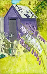 Lois Dodd, Foxglove + Shed, 2014, oil on Masonite