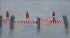 Long Pink Pier by Katherine Bradford, 2014, oil on canvas, sold Jun 2025