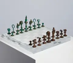 Chess set by Feliza Bursztyn, 1966, welded and painted scrap metal and wooden box, with acrylic presentation box, sold Jun 2025