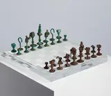 Feliza Bursztyn, Chess set, 1966, welded and painted scrap metal and wooden box, with acrylic presentation box