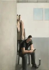 Distracted at Work (Study) by Tony Toscani, 2020, oil on linen, sold Jun 2025