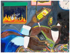 Devin Troy Strother, sleeping, smoking, and scrolling while i'm painting, 2021, oil and acrylic on linen