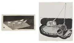 Al Taylor, Two works: (i) Floaters; (ii) Full Gospel Neckless (Dog Walk), 1998, (i) pencil, ink and color pencil on paper (ii) pencil, graphite, gouache, ink and correction fluid on paper