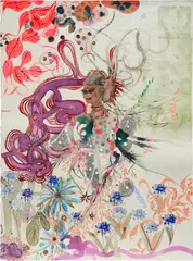 Rina Banerjee, Dizzy with labor, Commerce, she spoke, spewed and sprouted her feudal bonds with vassal and lord, tradesmen and troops, slaves, servants and third worlds so to secure an insatiable pride in our movements away from place and home, 2007, acrylic and ink on paper