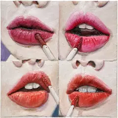 Lip Stain by Gina Beavers, 2021, acrylic and modeling paste on linen over panel, sold Sep 2025