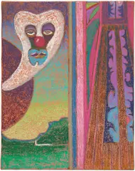 Jj Manford, Pink Moon, 2020, oil pastel, oilstick and Flashe on burlap over canvas