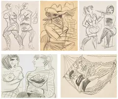 Five works: (i, iii) Untitled ; (ii) Untitled (Cowgirls) ; (iv) Untitled (drawing for Lemons & Lips) ; (v) Untitled (Hammock Girls) by Ella Kruglyanskaya, 2011–2014, (i-iii) graphite on paper (iv) graphite and paper collage on paper (v) marker on paper, sold Sep 2025
