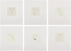 Calvin Marcus, Untitled: Face Etchings, 2015, hard ground line etchings with Chine-collé, in 6 parts, in artist's chosen frames
