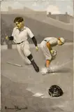 Norman Rockwell, Danny the Freshman, 'With the grass wet and slippery fast fielding was out of the question, and Calkins was home before the ball.'