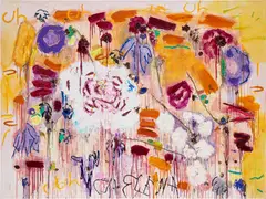 Joan Snyder, OH Elena, 2020, oil, acrylic, rose stems, leaves and glitter on canvas