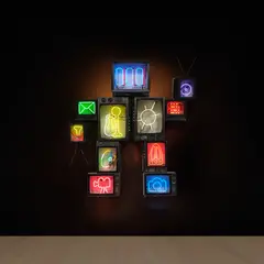 Global Groove by Nam June Paik, 1994, plastic television cabinets, neon, printed vinyl and antennae, in 11 parts, sold May 2025