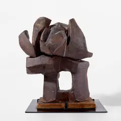 Rasgeado by Peter Voulkos, 1958, stoneware with iron oxide slip on original wood base, sold May 2025